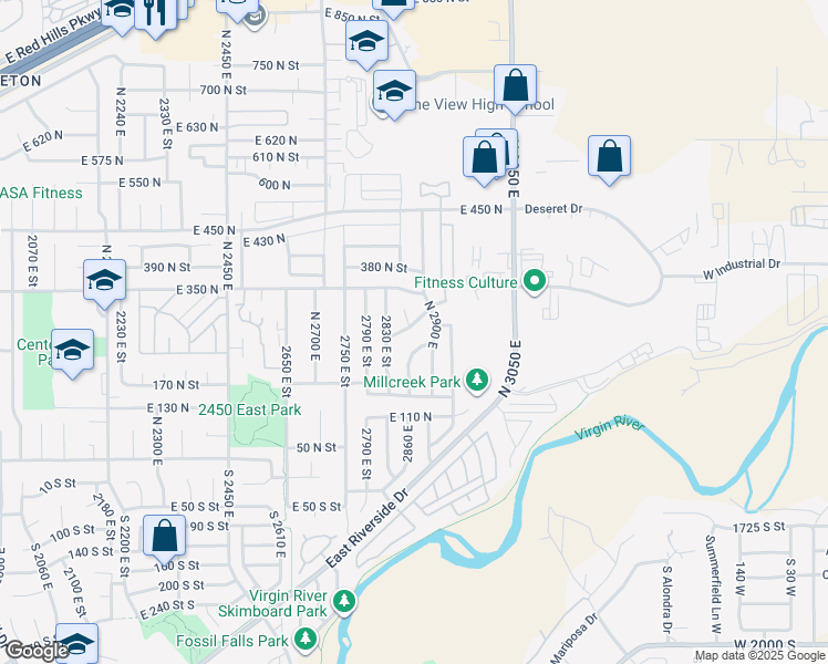 map of restaurants, bars, coffee shops, grocery stores, and more near 2862 Overlook Drive in St. George