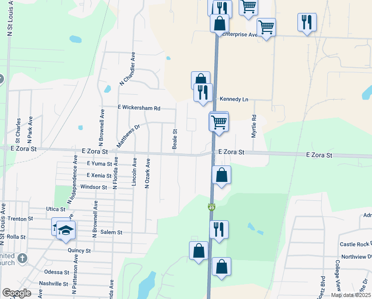 map of restaurants, bars, coffee shops, grocery stores, and more near 2929 East Zora Street in Joplin
