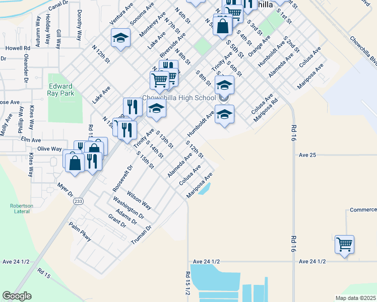 map of restaurants, bars, coffee shops, grocery stores, and more near 1200 Alameda Avenue in Chowchilla