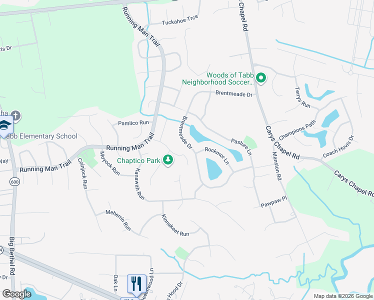 map of restaurants, bars, coffee shops, grocery stores, and more near 324 Brentmeade Drive in Yorktown