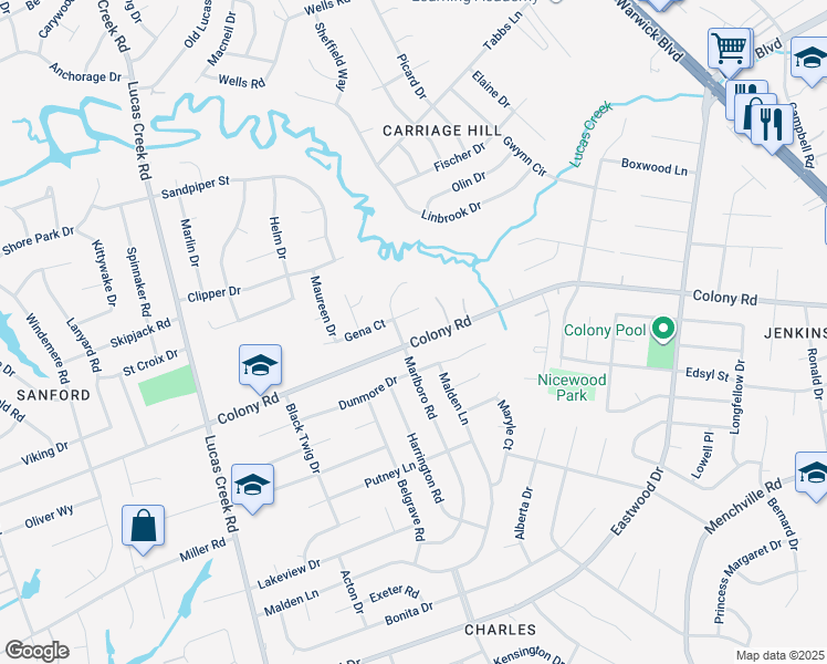 map of restaurants, bars, coffee shops, grocery stores, and more near 296 Colony Road in Newport News