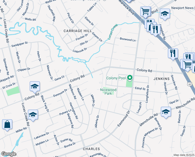 map of restaurants, bars, coffee shops, grocery stores, and more near 237 Yoder Lane in Newport News