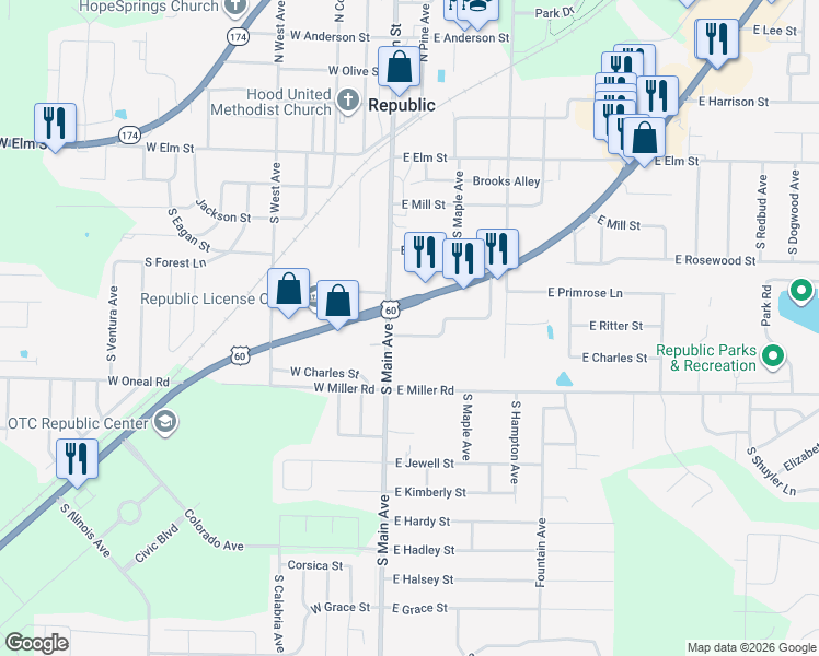 map of restaurants, bars, coffee shops, grocery stores, and more near 131 East Ritter Street in Republic