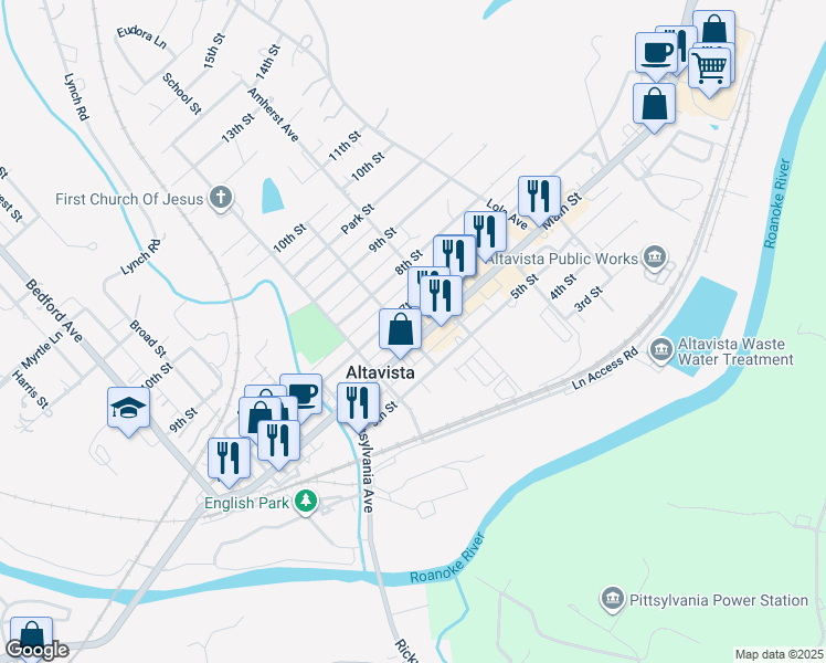 map of restaurants, bars, coffee shops, grocery stores, and more near 900 Main Street in Altavista
