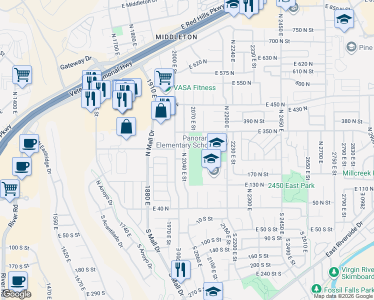 map of restaurants, bars, coffee shops, grocery stores, and more near 282 North 2040 East Street in St. George