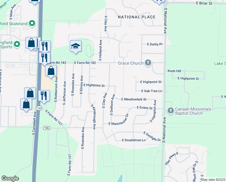 map of restaurants, bars, coffee shops, grocery stores, and more near 5529 South Dollison Avenue in Springfield
