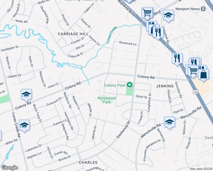 map of restaurants, bars, coffee shops, grocery stores, and more near 388 Nicewood Drive in Newport News