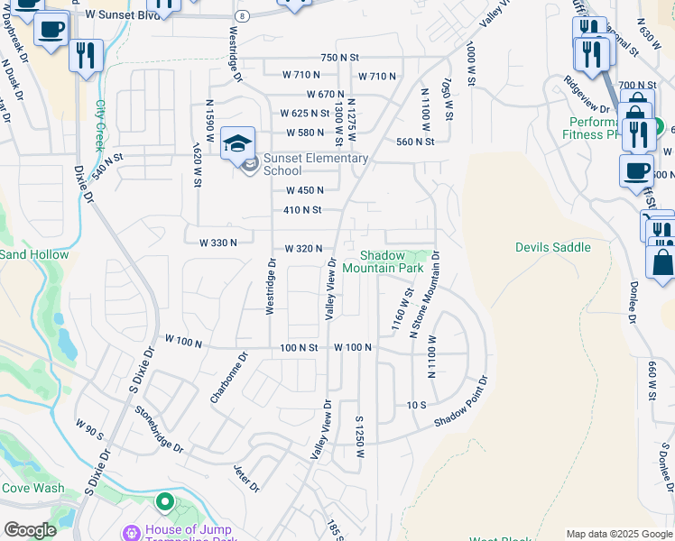 map of restaurants, bars, coffee shops, grocery stores, and more near 271 1280 West Street in St. George