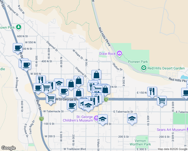 map of restaurants, bars, coffee shops, grocery stores, and more near 38 West 250 North in St. George