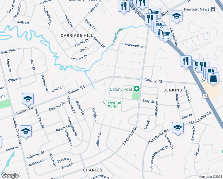 map of restaurants, bars, coffee shops, grocery stores, and more near 388 Nicewood Drive in Newport News