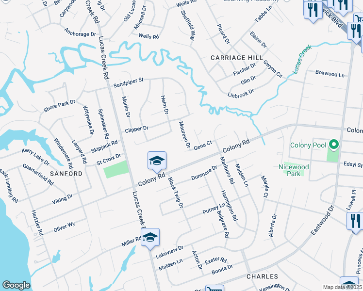 map of restaurants, bars, coffee shops, grocery stores, and more near 228 May Court in Newport News