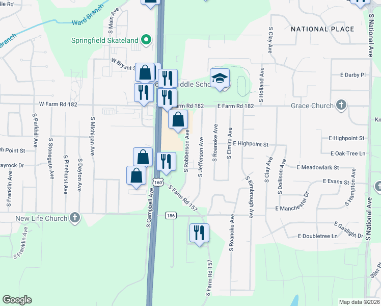 map of restaurants, bars, coffee shops, grocery stores, and more near 5580 South Robberson Avenue in Springfield
