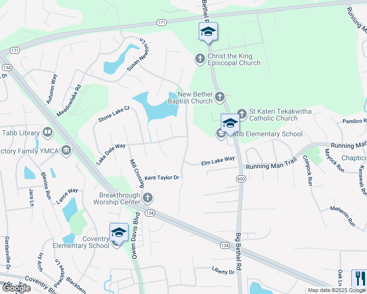 map of restaurants, bars, coffee shops, grocery stores, and more near 404 Lakeland Crescent in Yorktown