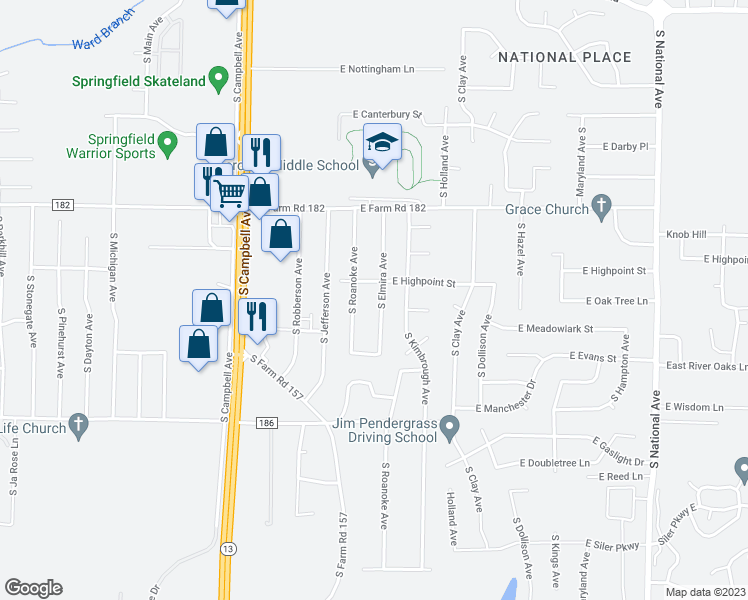 map of restaurants, bars, coffee shops, grocery stores, and more near 5547 South Elmira Avenue in Springfield