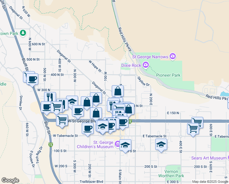 map of restaurants, bars, coffee shops, grocery stores, and more near 38 West 250 North in St. George