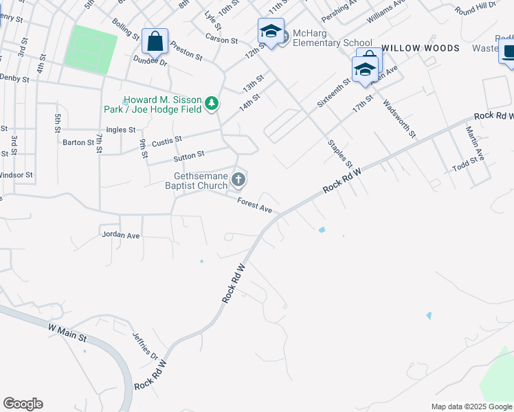 map of restaurants, bars, coffee shops, grocery stores, and more near 1400 Forest Avenue in Radford