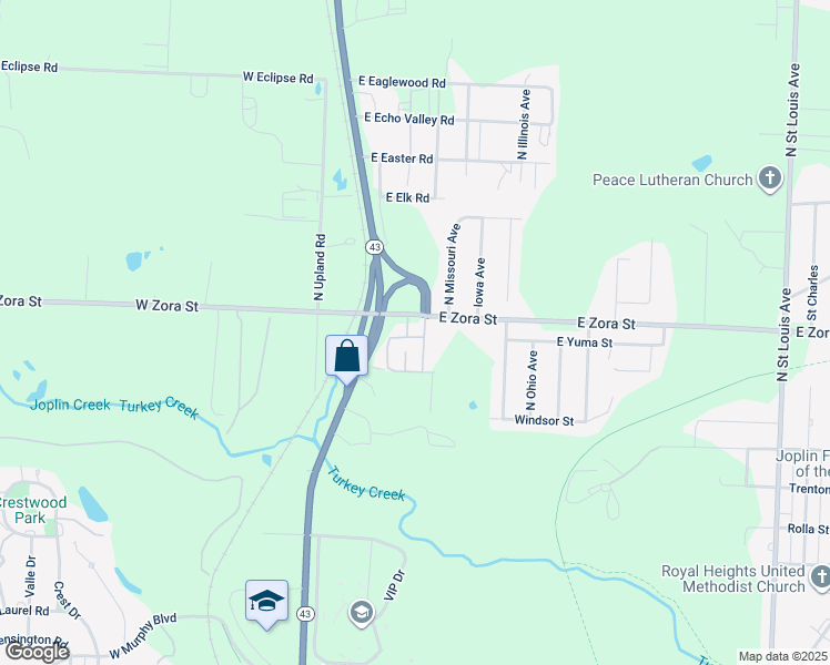 map of restaurants, bars, coffee shops, grocery stores, and more near 2525 North Main Street Road in Joplin
