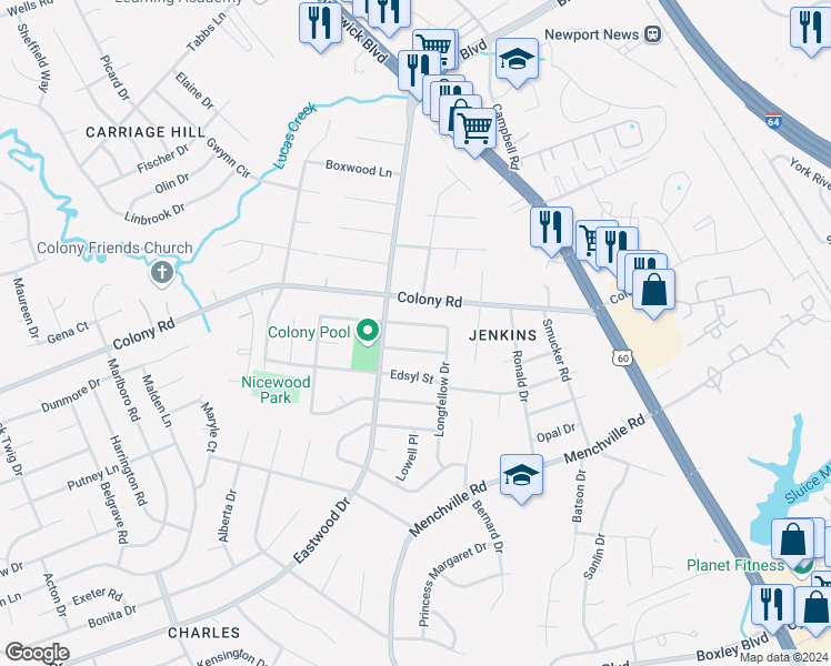 map of restaurants, bars, coffee shops, grocery stores, and more near 155 Hawthorne Drive in Newport News