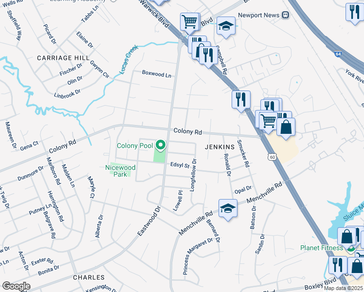 map of restaurants, bars, coffee shops, grocery stores, and more near 155 Hawthorne Drive in Newport News