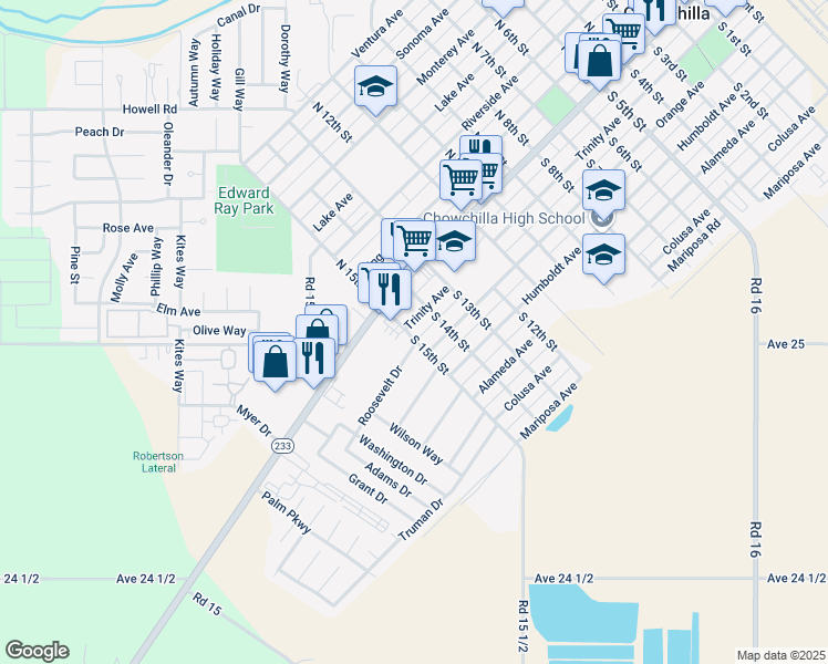 map of restaurants, bars, coffee shops, grocery stores, and more near 215 South 15th Street in Chowchilla