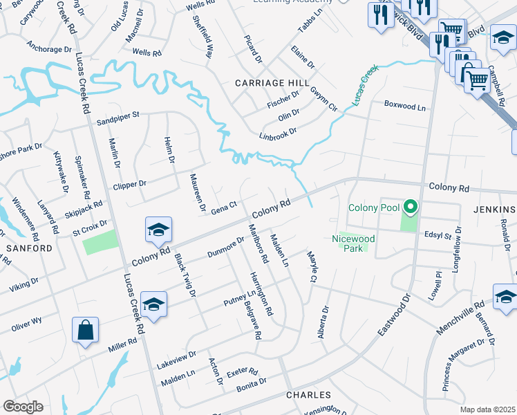 map of restaurants, bars, coffee shops, grocery stores, and more near 294 Colony Road in Newport News