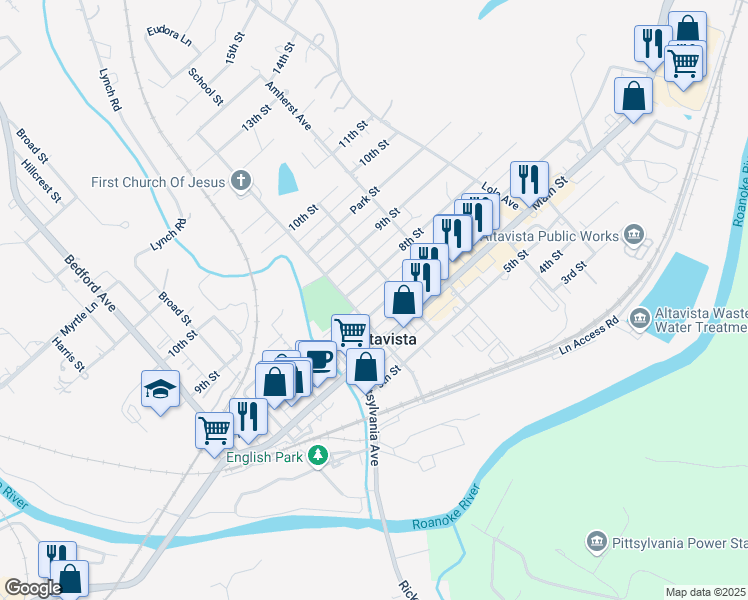 map of restaurants, bars, coffee shops, grocery stores, and more near 863-871 7th Street in Altavista