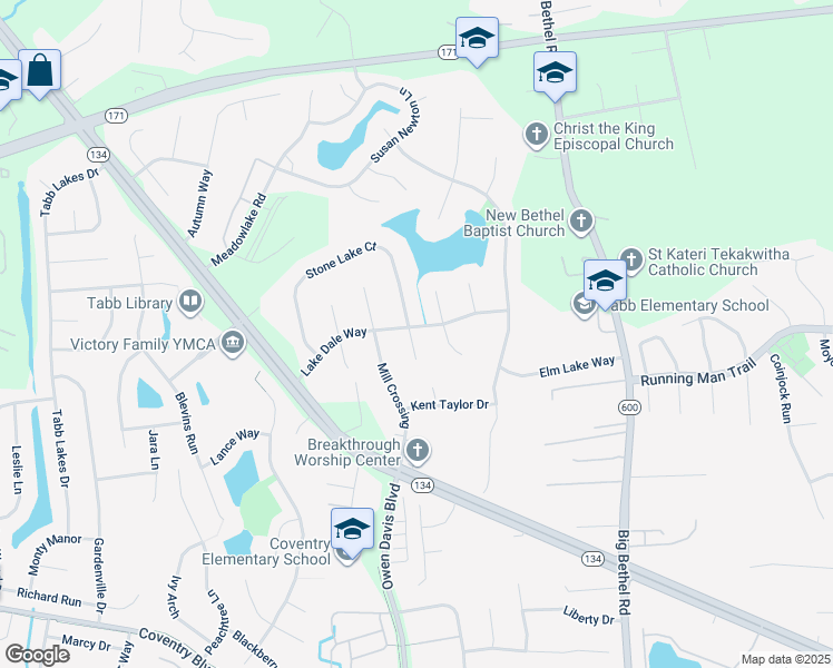 map of restaurants, bars, coffee shops, grocery stores, and more near 101 Sunrise Way in Yorktown