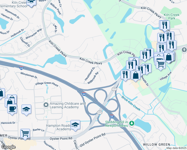 map of restaurants, bars, coffee shops, grocery stores, and more near 943 Willbrook Road in Newport News