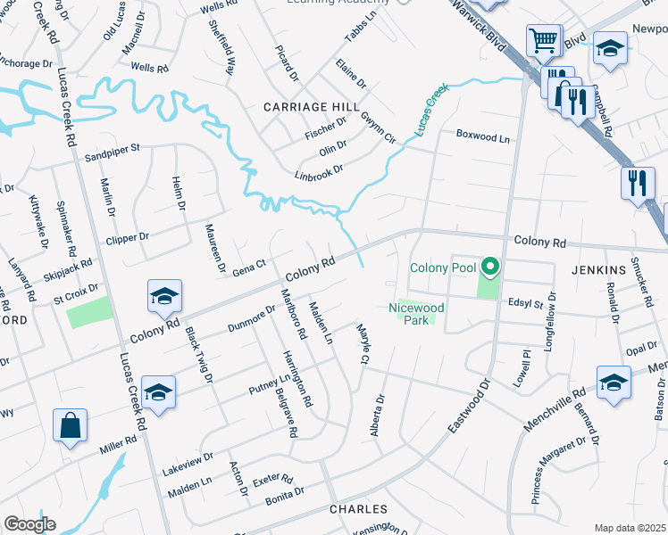 map of restaurants, bars, coffee shops, grocery stores, and more near 279 Colony Road in Newport News