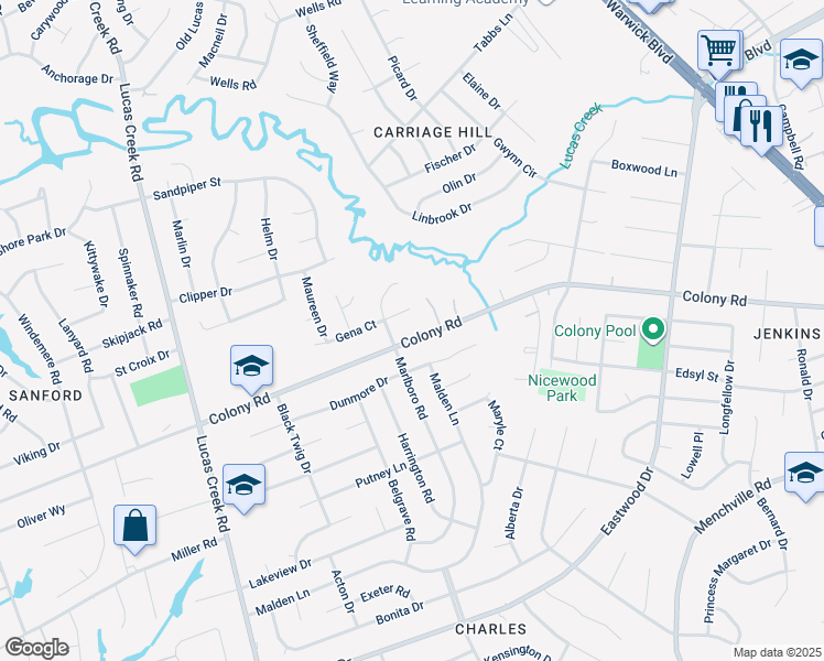 map of restaurants, bars, coffee shops, grocery stores, and more near 294 Colony Road in Newport News