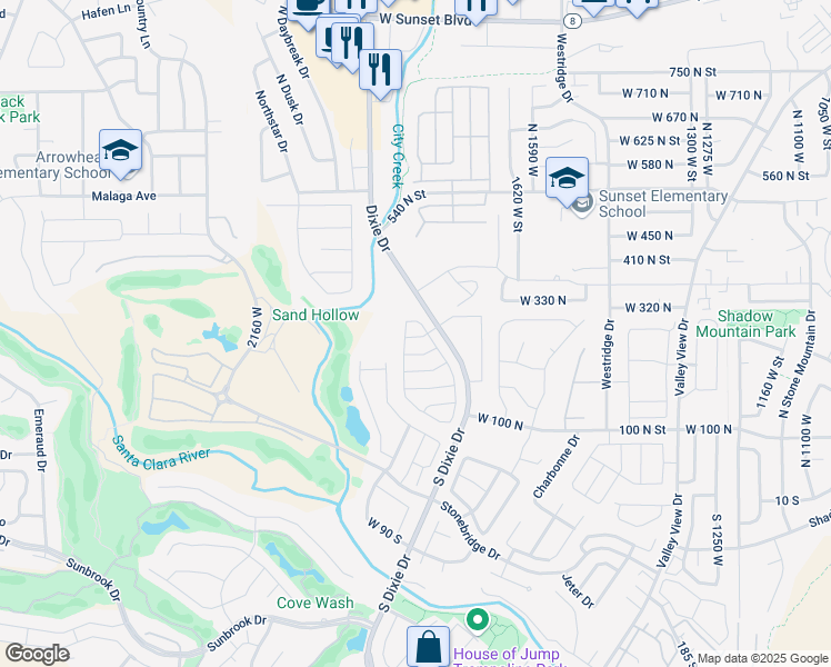 map of restaurants, bars, coffee shops, grocery stores, and more near 265 North Dixie Drive in St. George