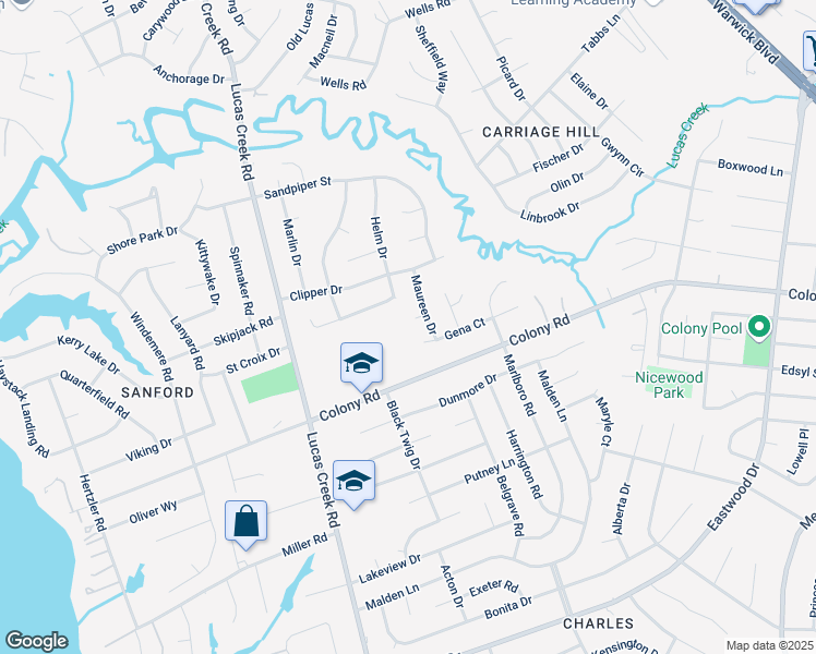 map of restaurants, bars, coffee shops, grocery stores, and more near 228 May Court in Newport News