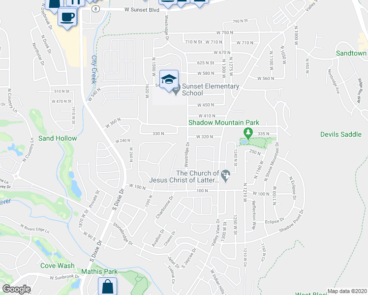 map of restaurants, bars, coffee shops, grocery stores, and more near 157 Westridge Drive in St. George