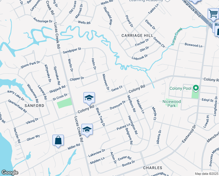 map of restaurants, bars, coffee shops, grocery stores, and more near 402 Maureen Drive in Newport News