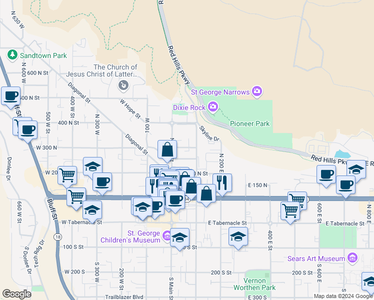 map of restaurants, bars, coffee shops, grocery stores, and more near 60 East 300 North in St. George