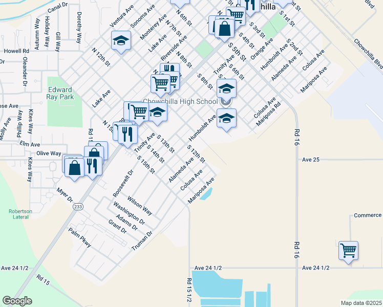 map of restaurants, bars, coffee shops, grocery stores, and more near 1200 Alameda Avenue in Chowchilla