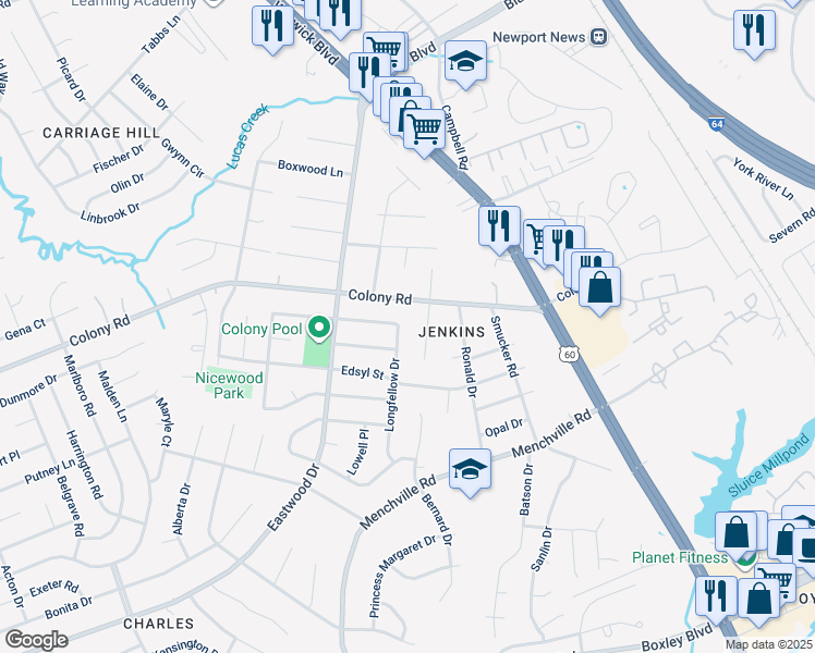 map of restaurants, bars, coffee shops, grocery stores, and more near 111 Longfellow Drive in Newport News