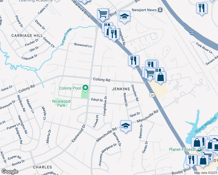 map of restaurants, bars, coffee shops, grocery stores, and more near 111 Longfellow Drive in Newport News