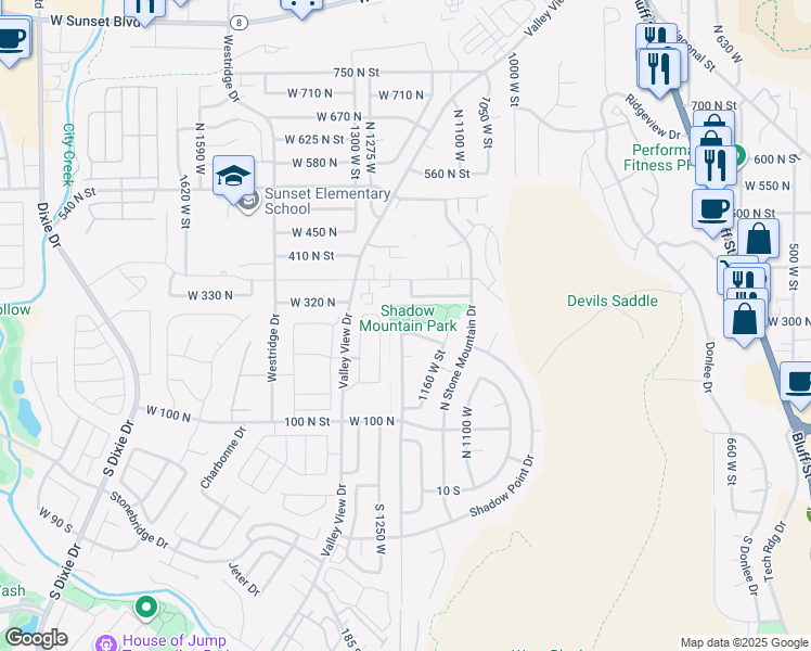 map of restaurants, bars, coffee shops, grocery stores, and more near 1204 250 North in St. George