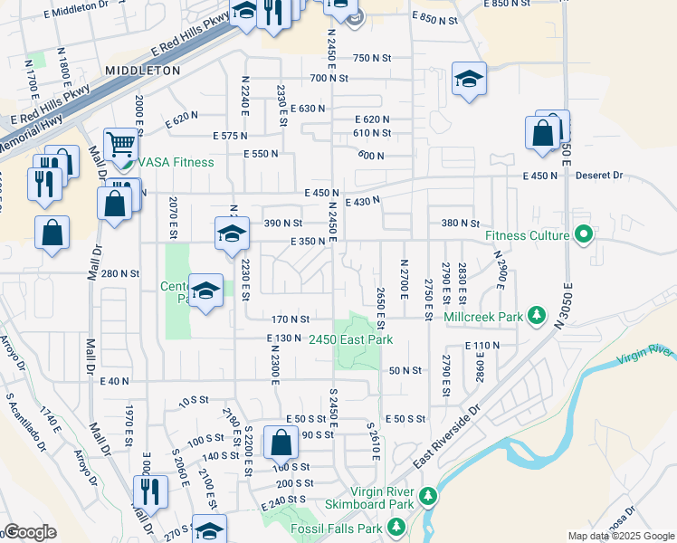 map of restaurants, bars, coffee shops, grocery stores, and more near in St. George