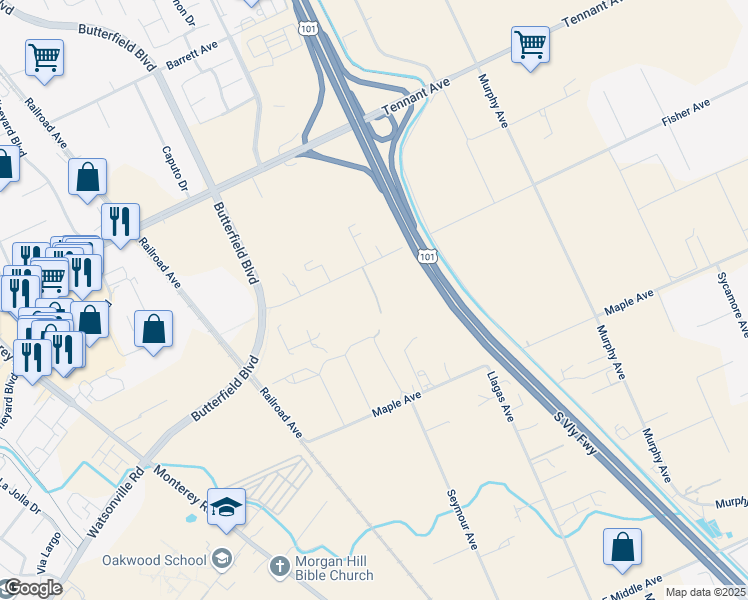 map of restaurants, bars, coffee shops, grocery stores, and more near 730 Fisher Avenue in Morgan Hill