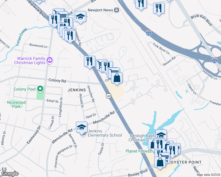 map of restaurants, bars, coffee shops, grocery stores, and more near in Newport News