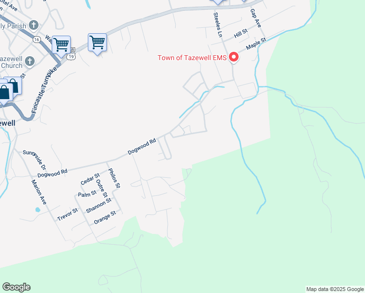 map of restaurants, bars, coffee shops, grocery stores, and more near 185 Rogers Drive in Tazewell