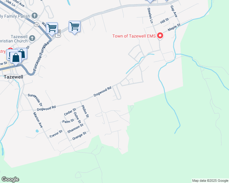 map of restaurants, bars, coffee shops, grocery stores, and more near 176 Ashwood Drive in Tazewell