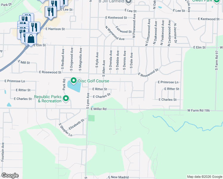map of restaurants, bars, coffee shops, grocery stores, and more near 1399 East Charles Street in Republic