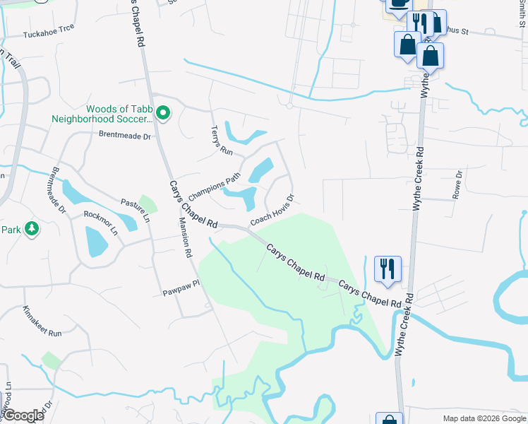map of restaurants, bars, coffee shops, grocery stores, and more near 105 Coach Hovis Drive in Yorktown