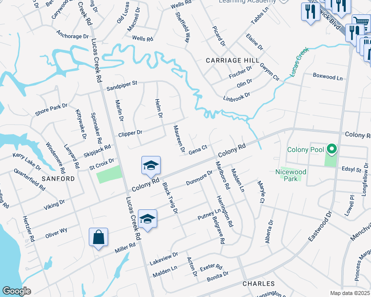 map of restaurants, bars, coffee shops, grocery stores, and more near 402 Maureen Drive in Newport News