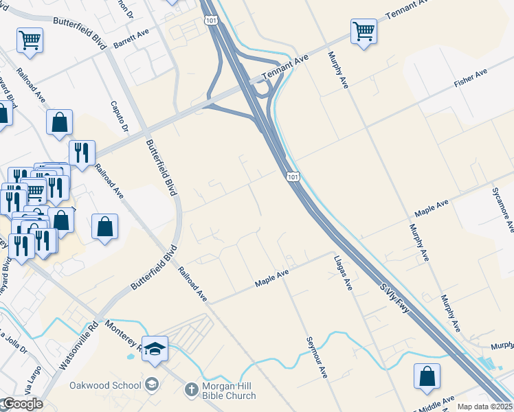 map of restaurants, bars, coffee shops, grocery stores, and more near 730 Fisher Avenue in Morgan Hill