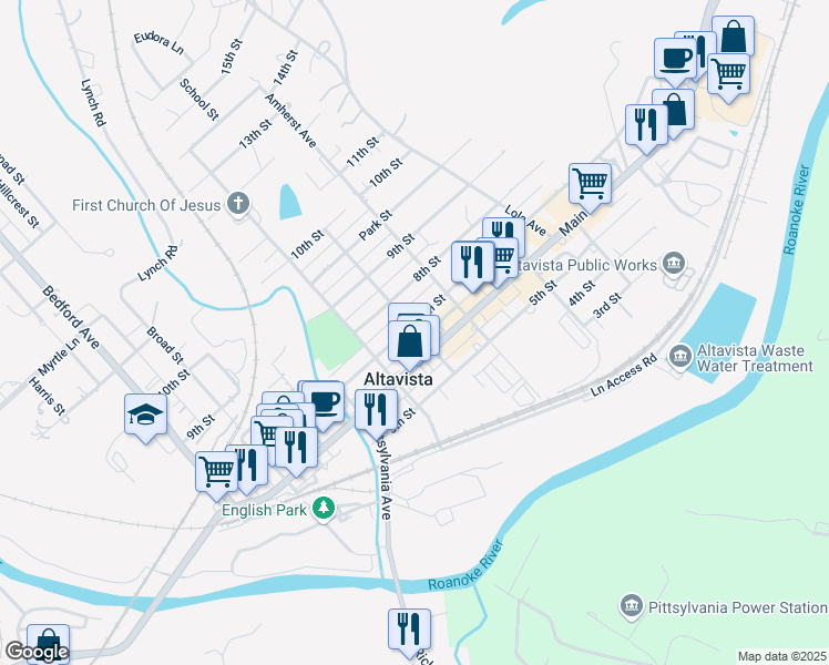 map of restaurants, bars, coffee shops, grocery stores, and more near 863 7th Street in Altavista