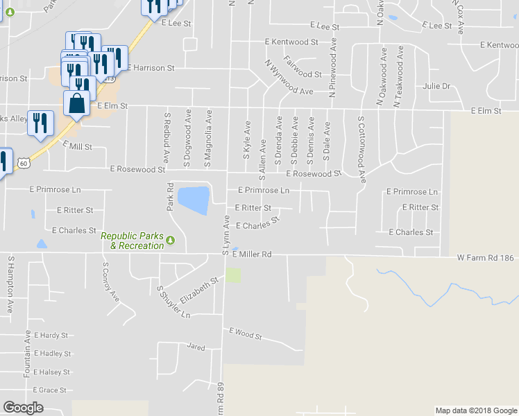 map of restaurants, bars, coffee shops, grocery stores, and more near 1299 East Ritter Street in Republic